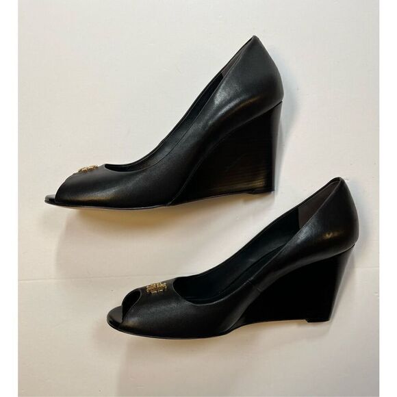 Tory Burch Jolie 85MM Peep Toe Nappa Black Leather Wedge Shoe Size 10.5 Worn 1X - Picture 4 of 12